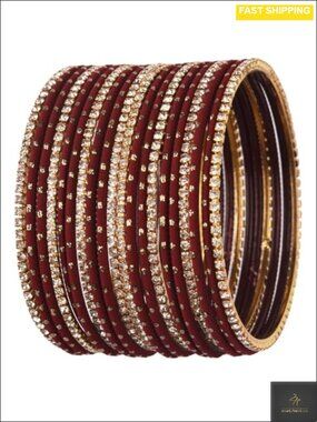Indian Bridal CZ Crystal Plain Metal Bangle Bracelet Set 20 Pieces